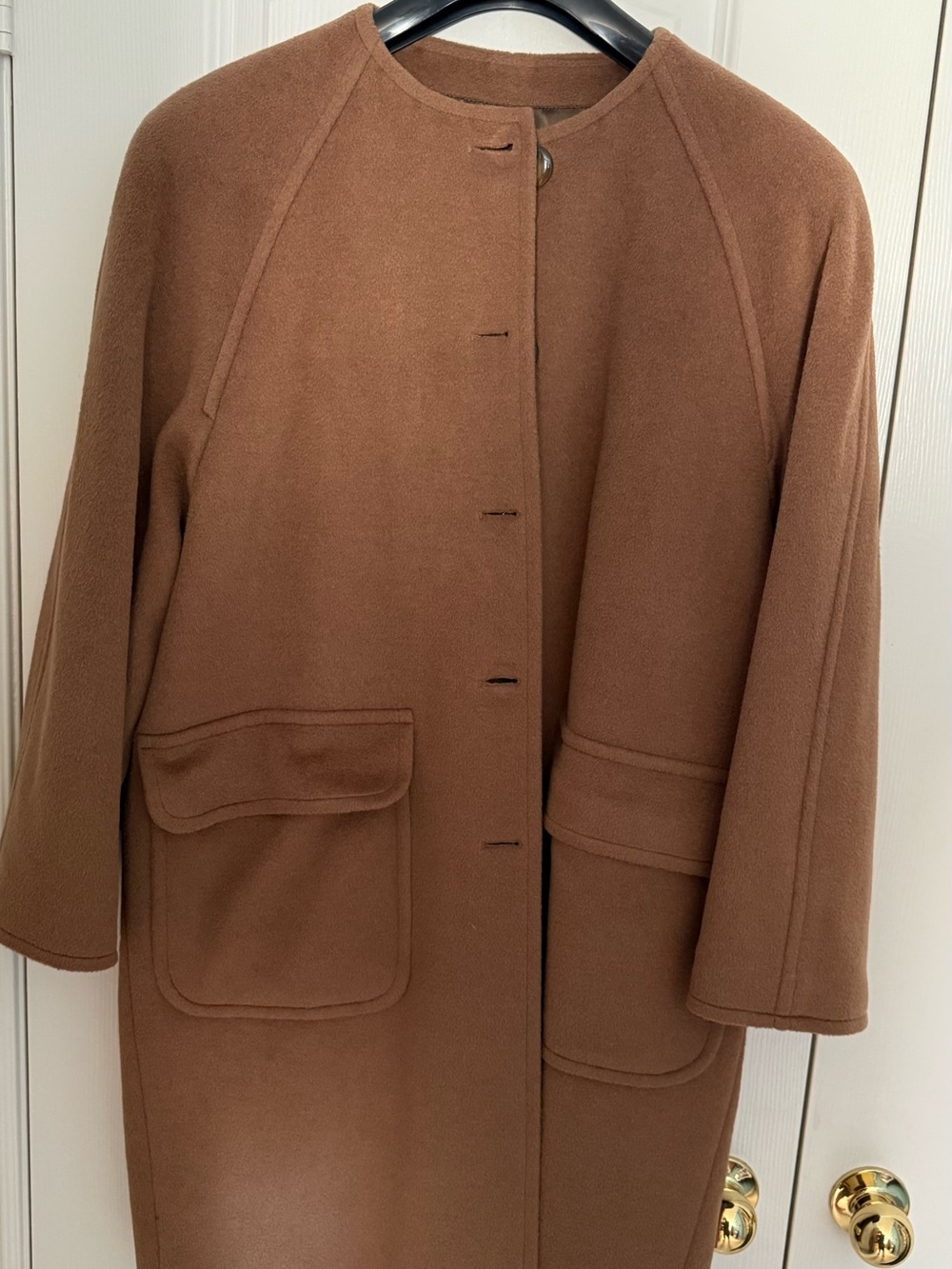 Collarless Camel Trench Coat with Patch Pockets